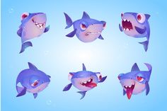 six different types of shark heads on a blue background with bubbles in the bottom right corner