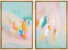 two abstract paintings in gold frames on a white and blue background, each with different colors