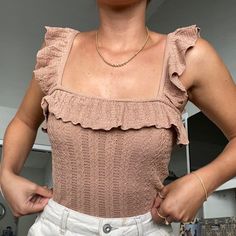 Gorgeous Zara Top With Square Neckline And Ruffle Straps. Can Be Worn On Or Off The Shoulder. The Perfect Versatile Addition To Your Spring And Summer Wardrobe! Material Has Give Yet Provides For A Flattering Fitted Silhouette. Subtle Metallic Detail. Slightly Cropped. Sold Out Style! Size: Medium Color: Tan Condition: Sold To Me As Nwot! Never Worn. Hanging Strings Have Been Cut. Tags: Woven, Crochet, Knit, Flounce Trim, Sleeveless, Crop, Blouse, Pointelle, Casual, Basic, Essential, Time Capsul Chic Stretch Knit Top With Ruffles, Chic Knit Tops With Ruffles, Elegant Knit Tops With Ruffles, Elegant Ruffled Knit Tops, Summer Stretch Knit Top With Ruffles, Summer Ruffled Stretch Knit Top, Stretch Knit Top With Ruffles For Summer, Stretch Ruffle Knit Top For Summer, Fall Ruffled Knit Top For Day Out