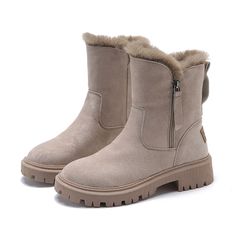 a pair of gray boots with fur lined around the bottom and side zippers on top