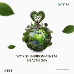 the world environmental health day poster is shown with green leaves and a tree on top