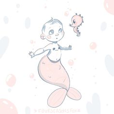 a drawing of a little mermaid with a fish in her hand and bubbles around her