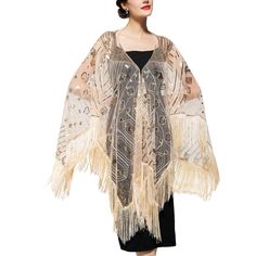 PRICES MAY VARY. 💓【Premium Fabric】1920s shawl make of high quality mesh fabric,lightweight and breathable. 💓【Classic design】 Sheer evening capes decorated with glittery sequins and braided tassels hanging down from both ends. 💓【Size Chart】Free size.It can hold up to 3X.Don't worry you won't fit in 💓【Exquisite workmanship】This Flapper shawl has multiple sequins and beaded embellishments,the fringe are naturally drooping and flowing,elegance and luxury. 💓【1920s Accessories for Women】The 1920s 1920s Shawl, Silver Shawl, 1920s Accessories, Braided Tassels, Flapper Accessories, Sheer Cape, Art Deco Party, Harlem Nights, Beaded Embellishments