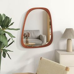 a mirror hanging on the wall next to a chair and table with a plant in it