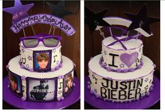 two pictures of a birthday cake decorated with purple and white frosting, including an i love susan bieber photo