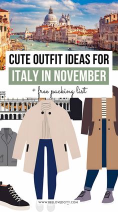 a collage of clothes and shoes with the words cute outfit ideas for italy in november free packing list