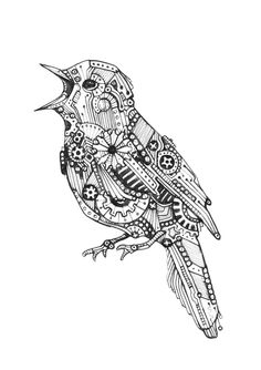 a black and white drawing of a bird