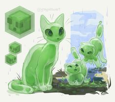 three green cats sitting next to each other