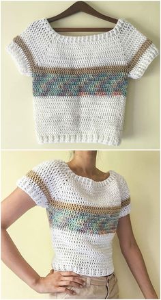 crochet top pattern with short sleeves and an open back, made from two different yarns