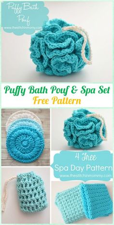 the instructions to crochet a puffy bath pouff and spa set