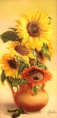 a painting of sunflowers in an orange vase