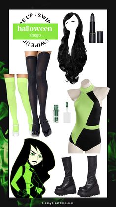 the costume is green and has black stockings