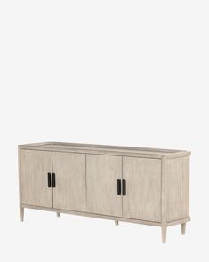 the sideboard is made from wood and has two doors on one side, with black handles