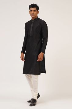 Black full sleeve draped kurta with pintuck detailing and thread embroidered neckline. Paired with pant cut pyjama. - Aza Fashions Black Cotton Silk Long Sleeve Kurta, Black Long Sleeve Cotton Silk Kurta, Satin Embroidery, Embroidered Neckline, Pant Set, Pin Tucks, Mandarin Collar, Embroidery Thread, Aza Fashion