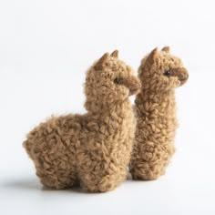 two stuffed llamas sitting next to each other on a white surface with one looking at the camera