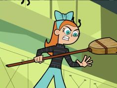 a cartoon character holding a broom in her hand