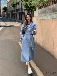 Lasaky - Long-sleeved Denim Shirt Dress with Bubble Sleeves and Waist Belted Long Splits Casual Non-stretch Long Sleeve Denim Dress, Non-stretch Long Sleeve Denim Dress, Casual Denim Dress For Fall, Casual Non-stretch Denim Dress For Fall, Long Sleeve Medium Wash Denim Dress For Day Out, Fall Collared Blue Denim Dress, Casual Collared Denim Dress For Fall, Casual Long Sleeve Denim Dress For Spring, Spring Long Sleeve Denim Dress