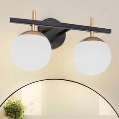 two round lights are mounted on the wall above a mirror in a room with a potted plant