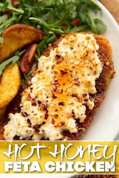 Crispy chicken breasts topped with creamy feta then drenched in hot honey - this dinner is truly irresistible! Easy Tiktok Meals, Easy Healthy Weekend Dinner, Easy Comfort Recipes, Crispy Hot Honey Feta Chicken, Baked Chicken Feta, Hot Honey Meals, Hot Honey Dinner Recipe, Trending Chicken Recipes, Hot Honey Food Recipes