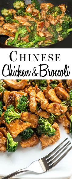 chicken and broccoli stir frying in a skillet on a white plate