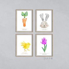 four prints with animals and flowers on them