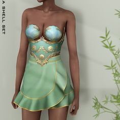 a woman wearing a green dress with gold trimmings and a bustier top