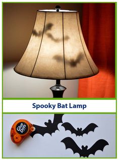 a lamp that is turned on with spooky bat lampshade next to it