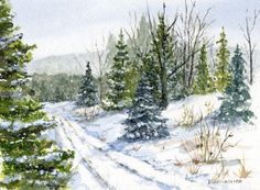 a watercolor painting of a snowy road in the woods