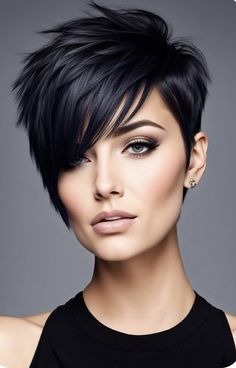 Edgy Short Hair Styles, Hair Dye Trends, Pixie Haircut Ideas, Asymmetrical Pixie Cuts, Hairstyles For Ladies, Short Dark Hair, Asymmetrical Pixie, Hair Styles For Women