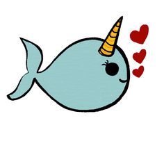 a narwhale with a horn and hearts on its head is shown in the shape of a heart