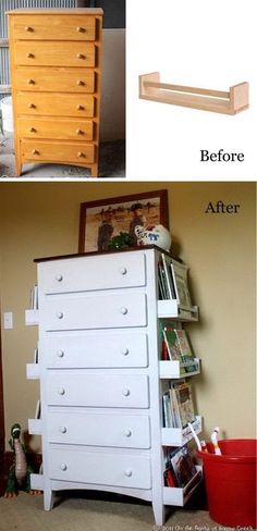 before and after shots of an old dresser turned into a bookshelf with drawers