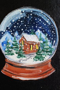 a painting of a snow globe with a house in it