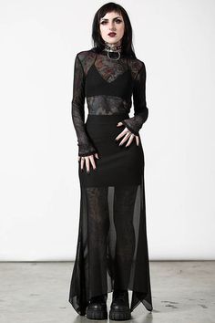 Killstar Clothing, Mesh Maxi Skirt, Goth Outfit, Maxi Rok, Hanky Hem, Mesh Overlay, Goth Outfits, Look Vintage