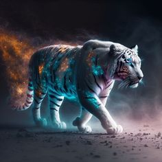 a white tiger with blue and orange lights on it's face, walking in the dark