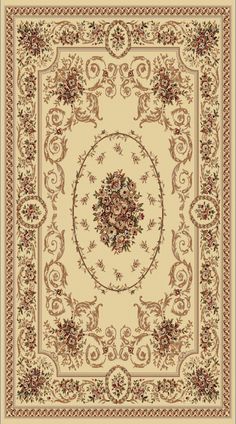 a beige rug with an ornate design on the center and border in red, white and green