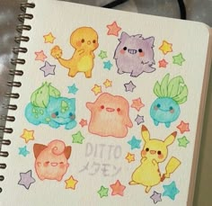 an open notebook with drawings of different animals and stars on the cover that says ditto ya