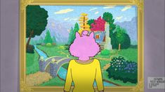 a painting of a person with pink hair in front of a castle and trees on the other side