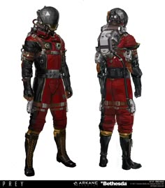 an artist's rendering of a red and black space suit with gold trimmings