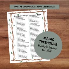 the magic treehouse printable reading checklist is shown on top of a wooden table