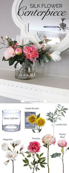 flowers are arranged in vases on top of a shelf with the words silk flower centerpiece