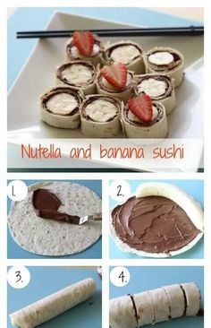 how to make nutella and banana sushi rolls with chocolate frosting on top