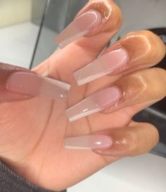 Foggy Nails Acrylic, Clear Acrylic Nails Coffin, Corporate Nails, Translucent Pink Nails, Medium Long Nails, Mani Nails, Nail Aesthetic, Milky Nails