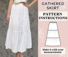 a woman wearing a white dress with the words gathered skirt pattern instructions written below it