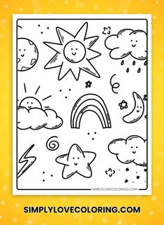 a coloring page with clouds, sun and rainbows