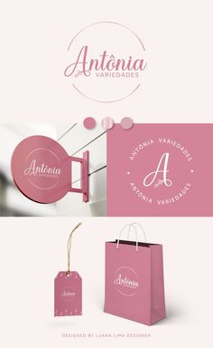 the logo for an italian restaurant with pink paper bags and tags on it, as well as