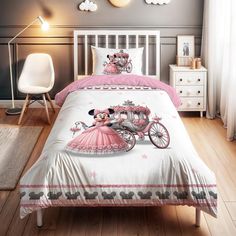 a bed room with a neatly made bed and mickey mouse decorations