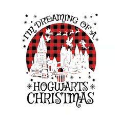 the hogwarts christmas card is shown in red and black with white lettering on it