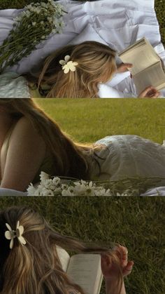 a woman laying in the grass reading a book with flowers on her head and holding an open book