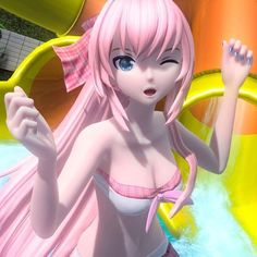 a cartoon girl with pink hair and blue eyes standing in front of a water slide