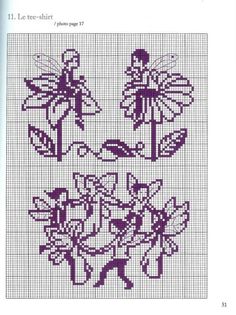 a cross stitch pattern with purple flowers and dragonflies on the side, in front of a white background